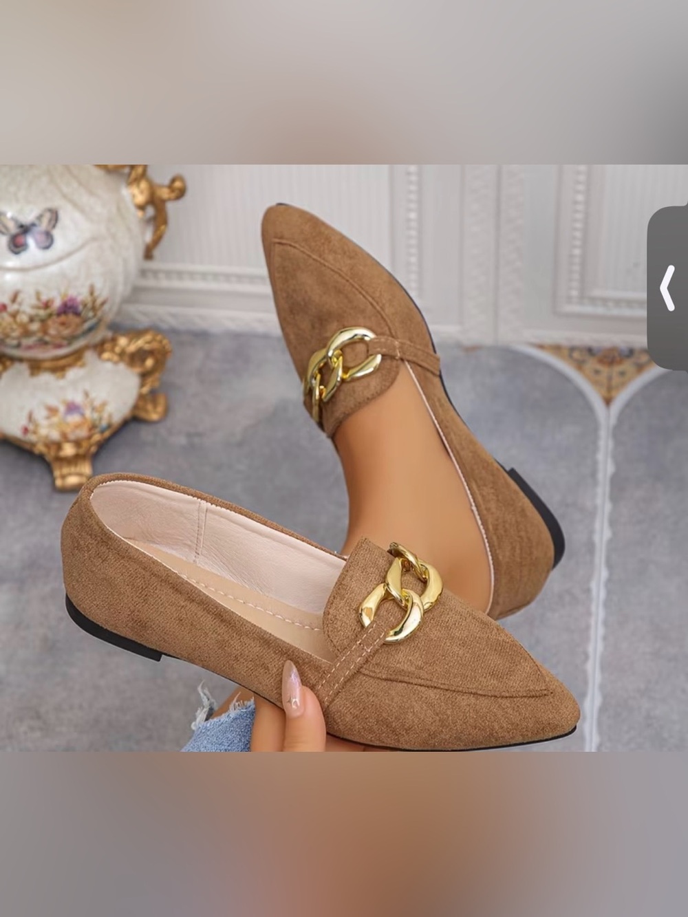 Women’s Tan Suede Pointed-Toe Loafers with Gold Chain